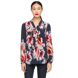Kate Spade Navy Multicolor Hazy Reade Floral Tie Neck Silk Blouse. Size Small
